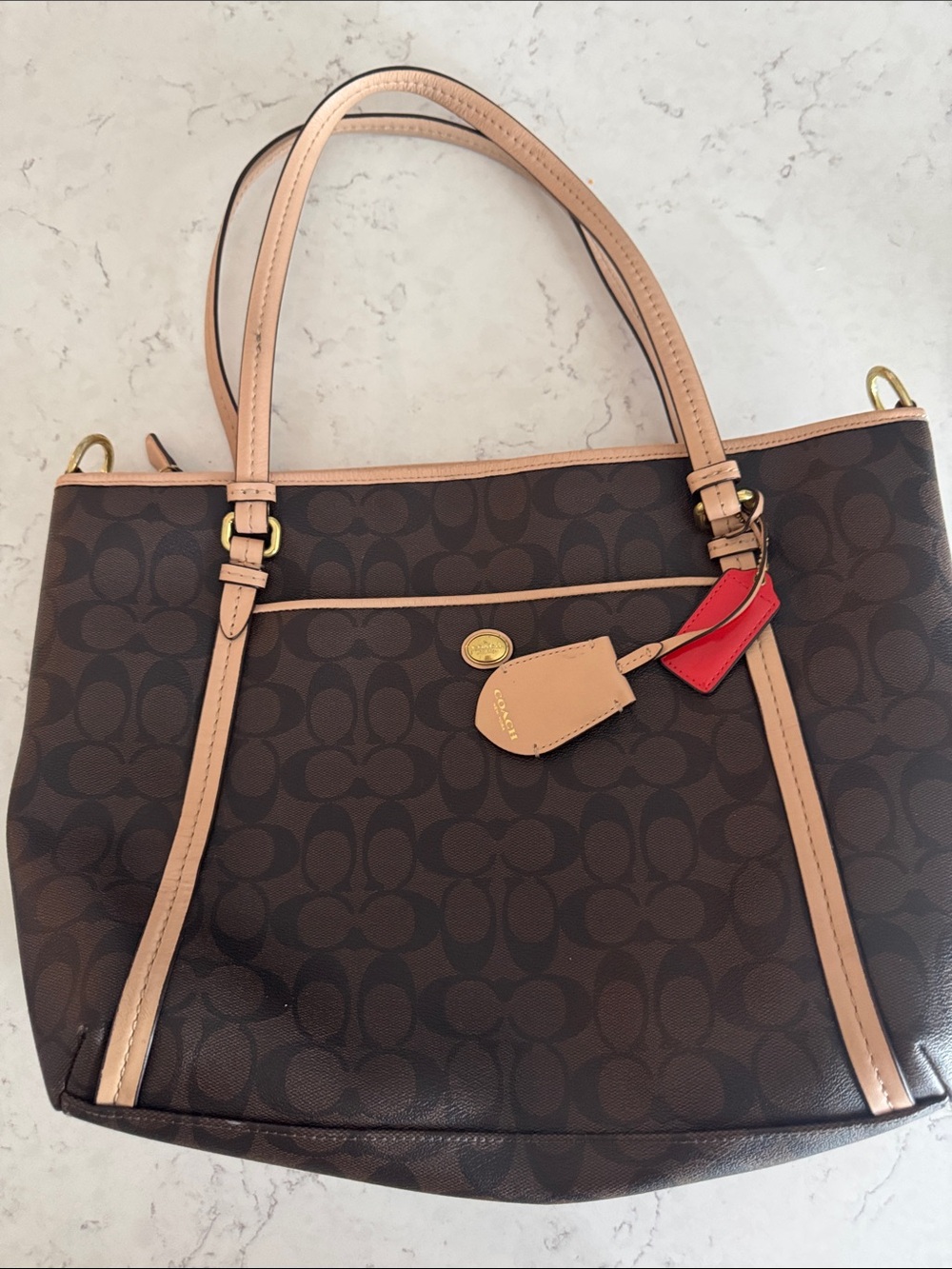 Coach Brown & Beige Signature Tote with Red & Beige Tags - Picture 8 of 9